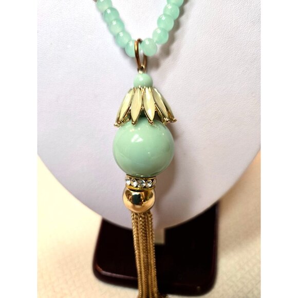 Vintage Glass Lariat Necklace 30" w6" dangle 36" rhinestones and ab crystal - Picture 7 of 10